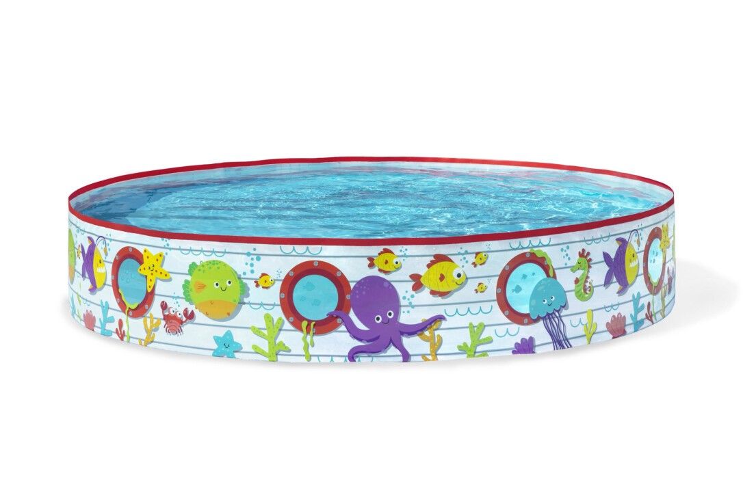 Piscina rotonda per bambini con motivo sottomarino. Bordo rosso, acqua blu. Decorazioni con pesci, polpi e stelle marine.