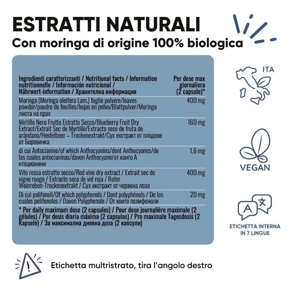 Etichetta blu con ingredienti. Testo: Estratti, Moringa, Vegan, Etichetta interna in 7 lingue. Bandiera italiana.