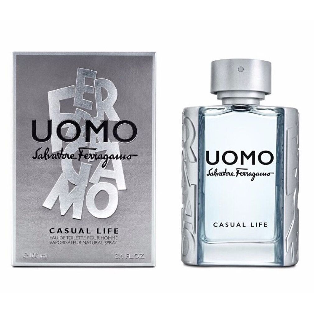UOMO Casual Life Eau de Toilette Spray e confezione. Flacone e scatola rettangolari. Scritte UOMO, Salvatore Ferragamo, Casual Life.