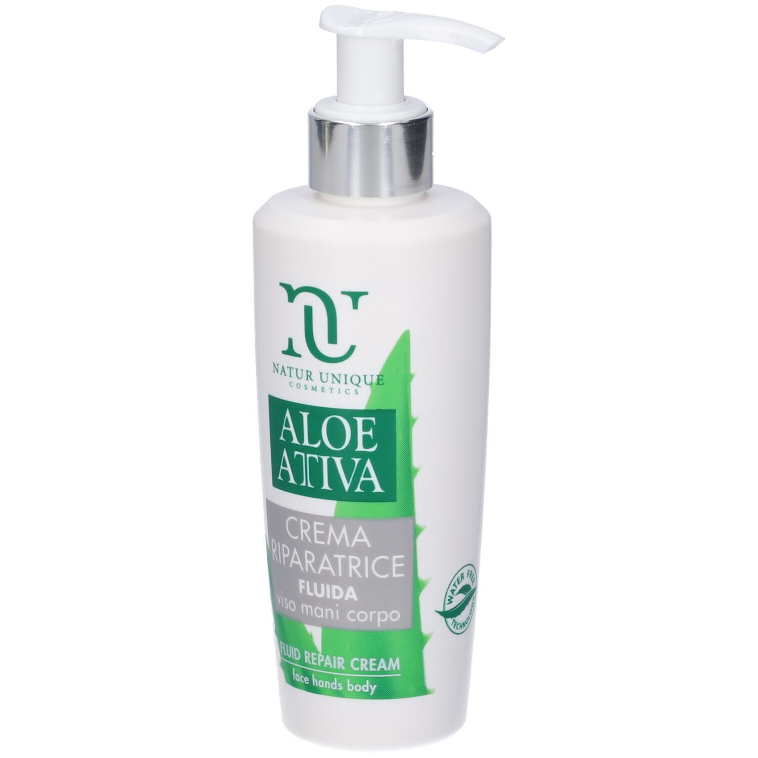 Flacone bianco con dosatore a pompa. Scritta: Aloe Attiva, Crema Riparatrice Fluida. Grafica verde e bianca.
