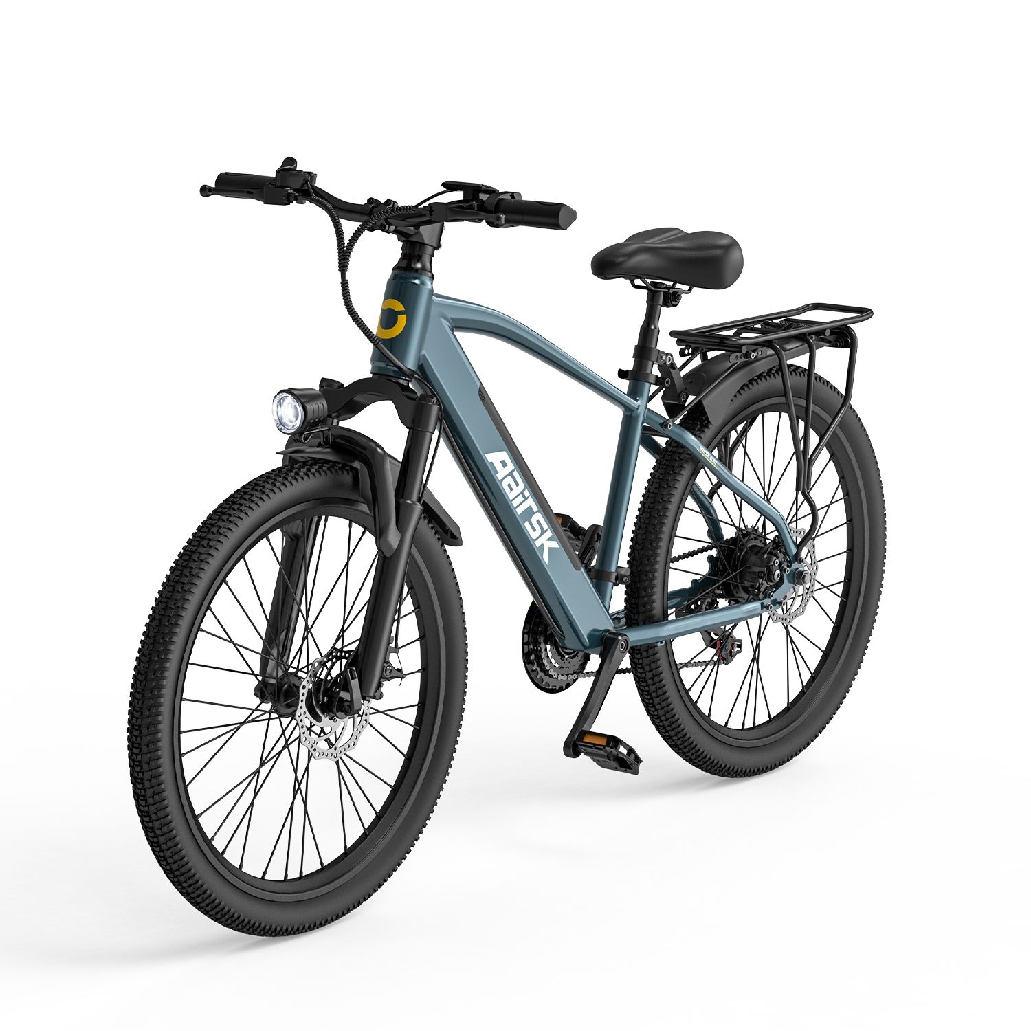 E-bike blu con telaio nero, portapacchi e faro. Marchio Aairsk.