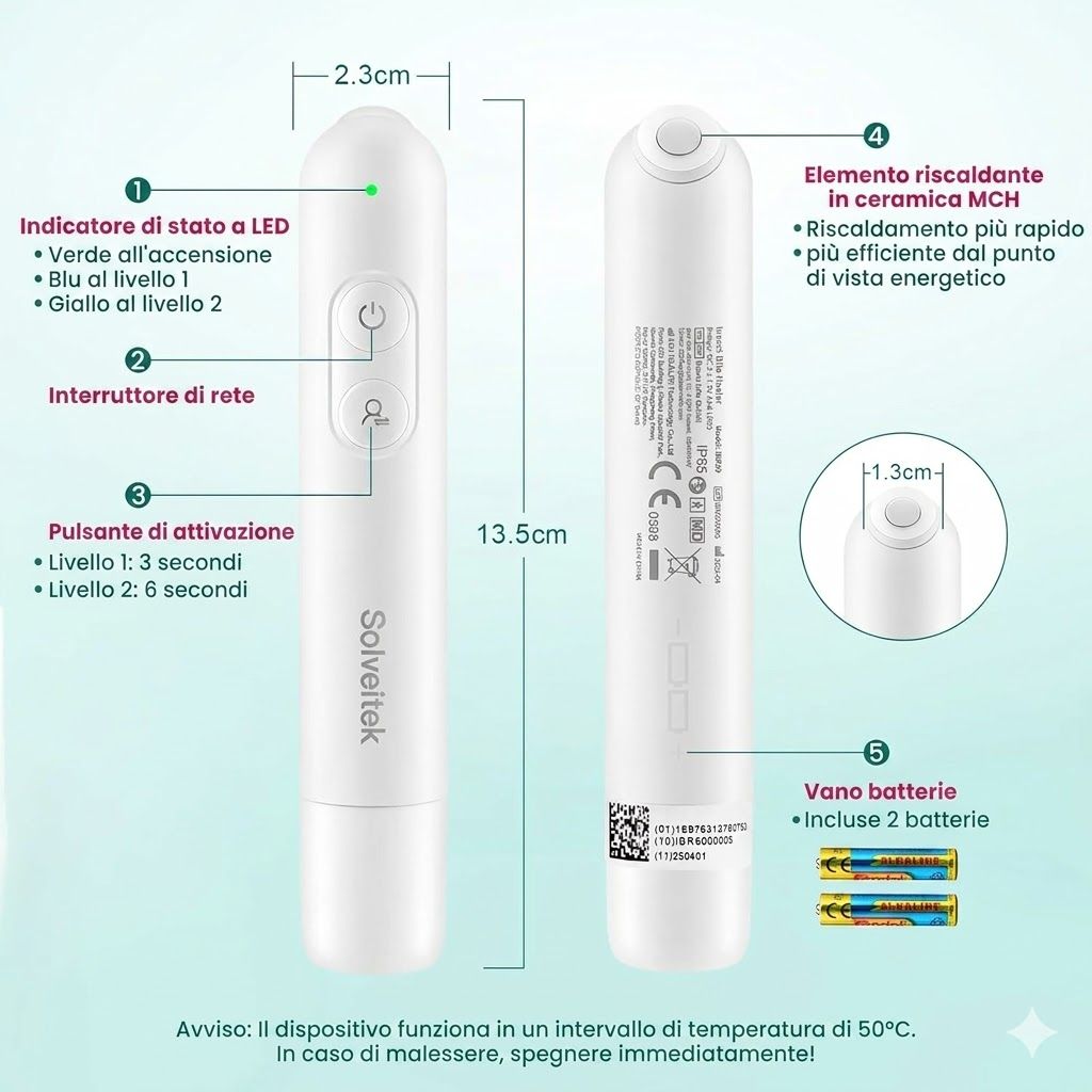 Dispositivo bianco per punture d'insetti con dimensioni. Pulsanti, LED, batteria e certificazioni. Nome: Solveitek.