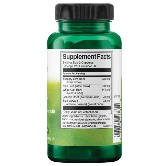 Retro del flacone verde. Contiene informazioni nutrizionali e ingredienti. Testo: SWANSON Health Products. Codice a barre.