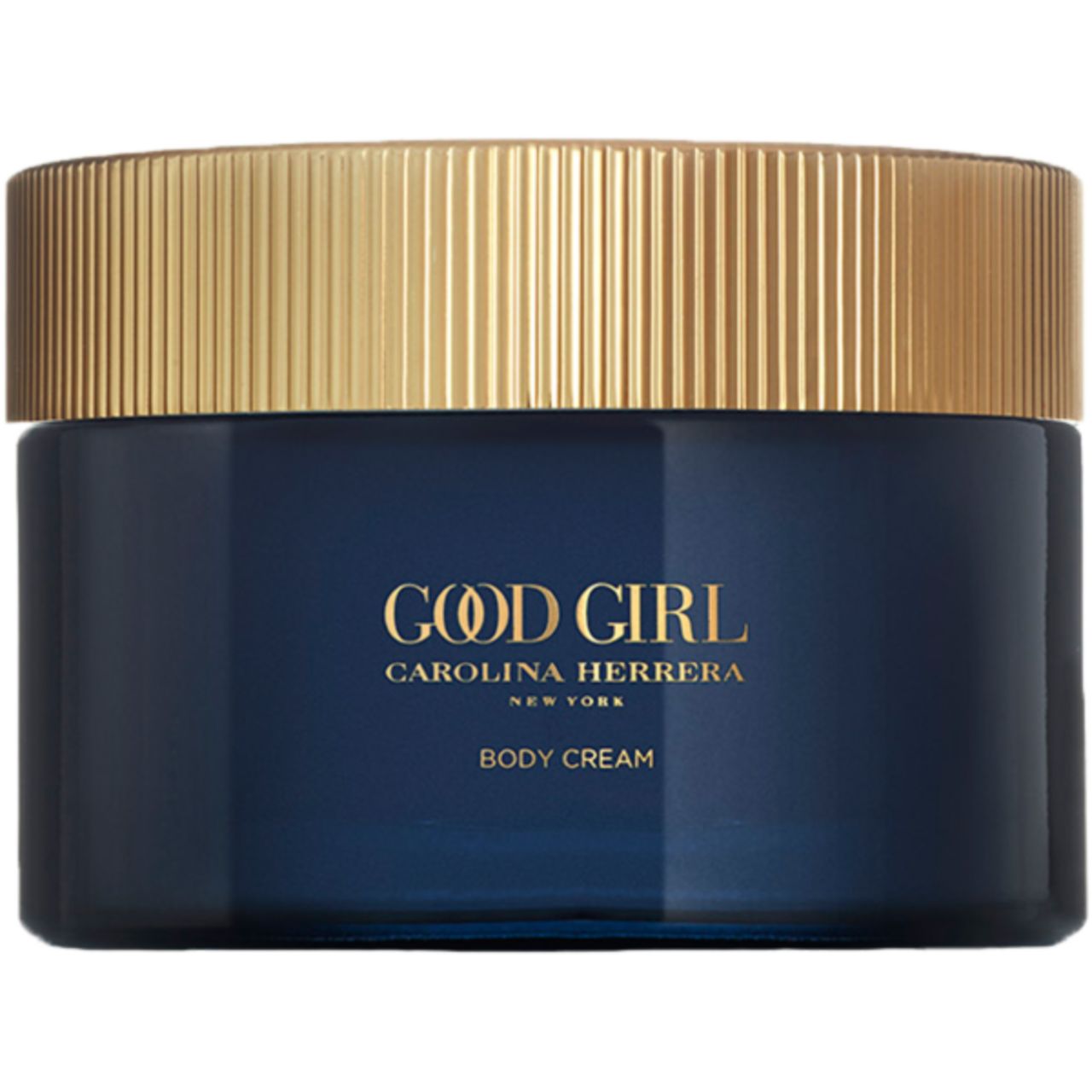 Vasetto blu scuro con coperchio dorato, scritta "Good Girl Body Cream".