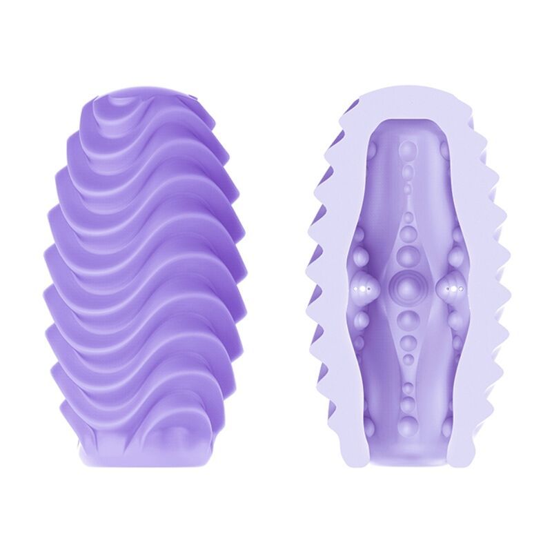 Uovo masturbatore viola, due lati: onde e bottoni.