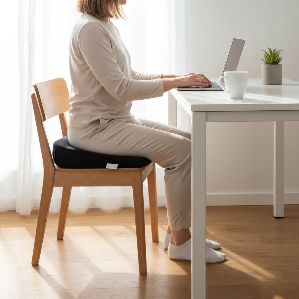 Persona seduta su un cuscino per seduta nero a forma di cuneo su una sedia. Laptop sul tavolo.