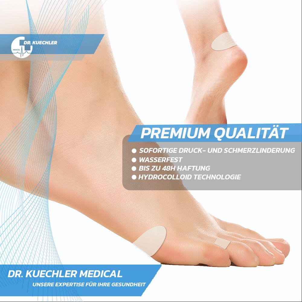 Piedi con cerotti idrocolloidali per vesciche. Qualità premium, impermeabile, fissaggio fino a 48 ore.