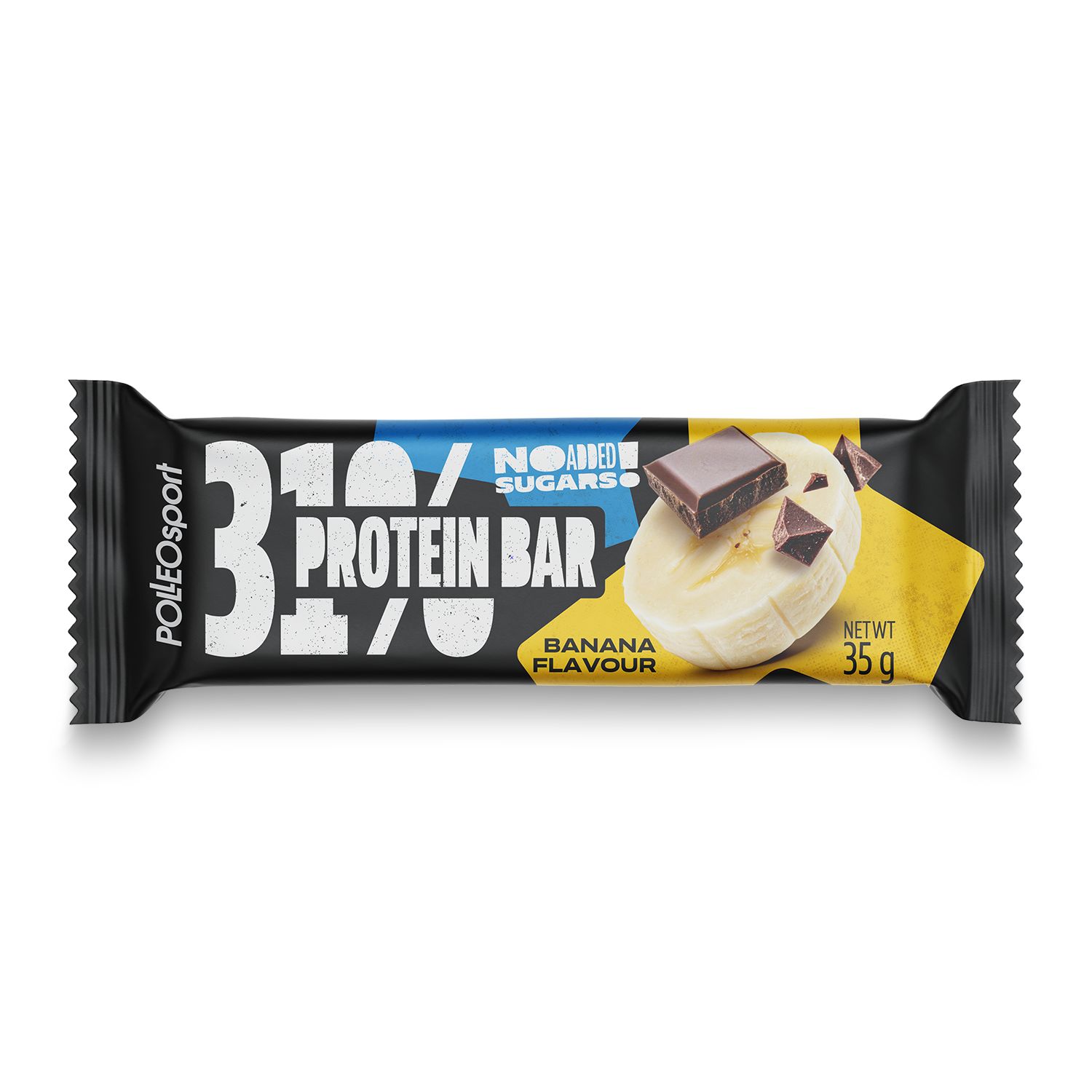 Barretta proteica al gusto banana. Confezione nera con logo e scritta '31% Protein Bar'. Immagine di banana e pezzetti di cioccolato.