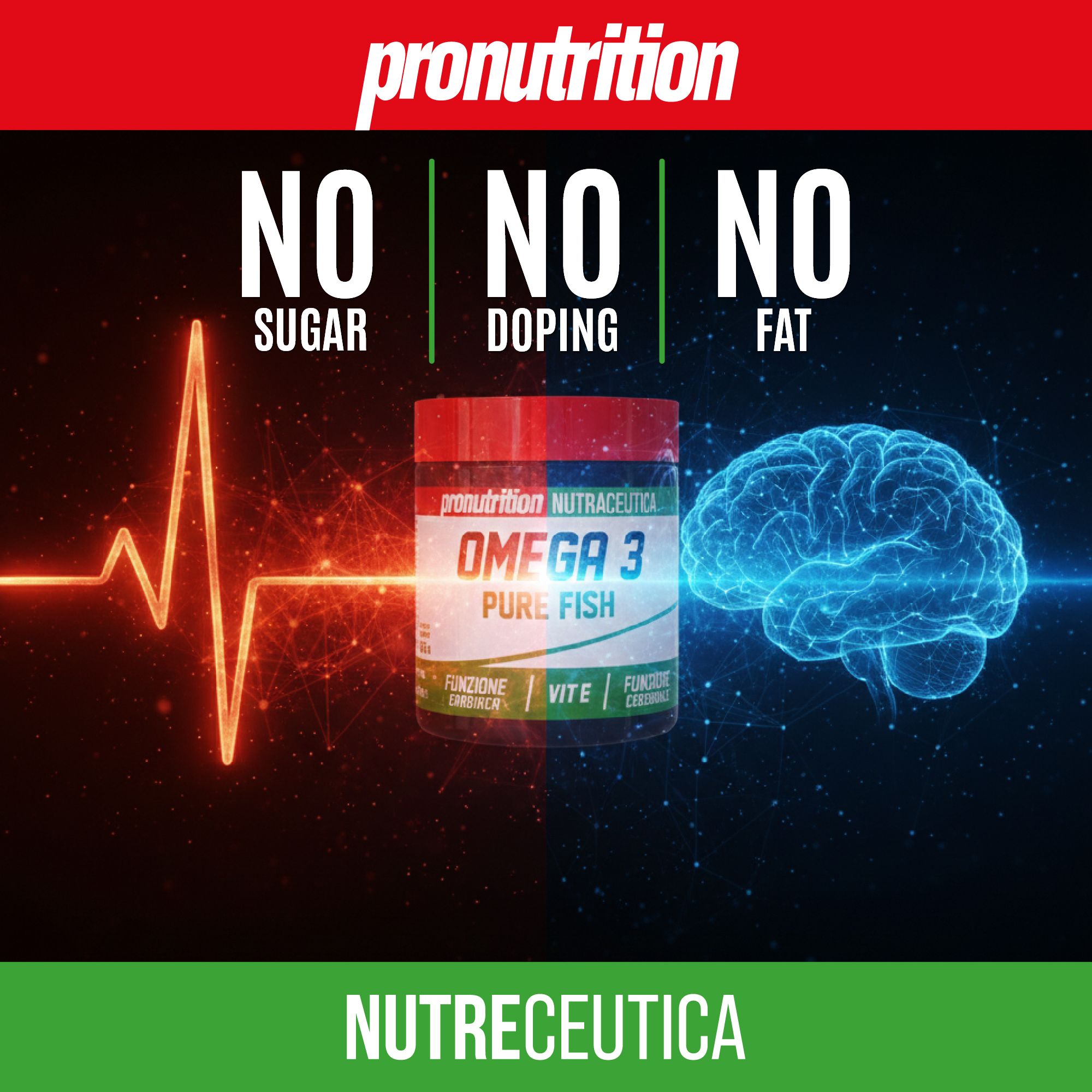Barattolo Omega 3 Pure Fish, grafici cervello e cuore. Testo: No zucchero, no doping, no grassi. Marchio Pronutrition, Nutreutica.