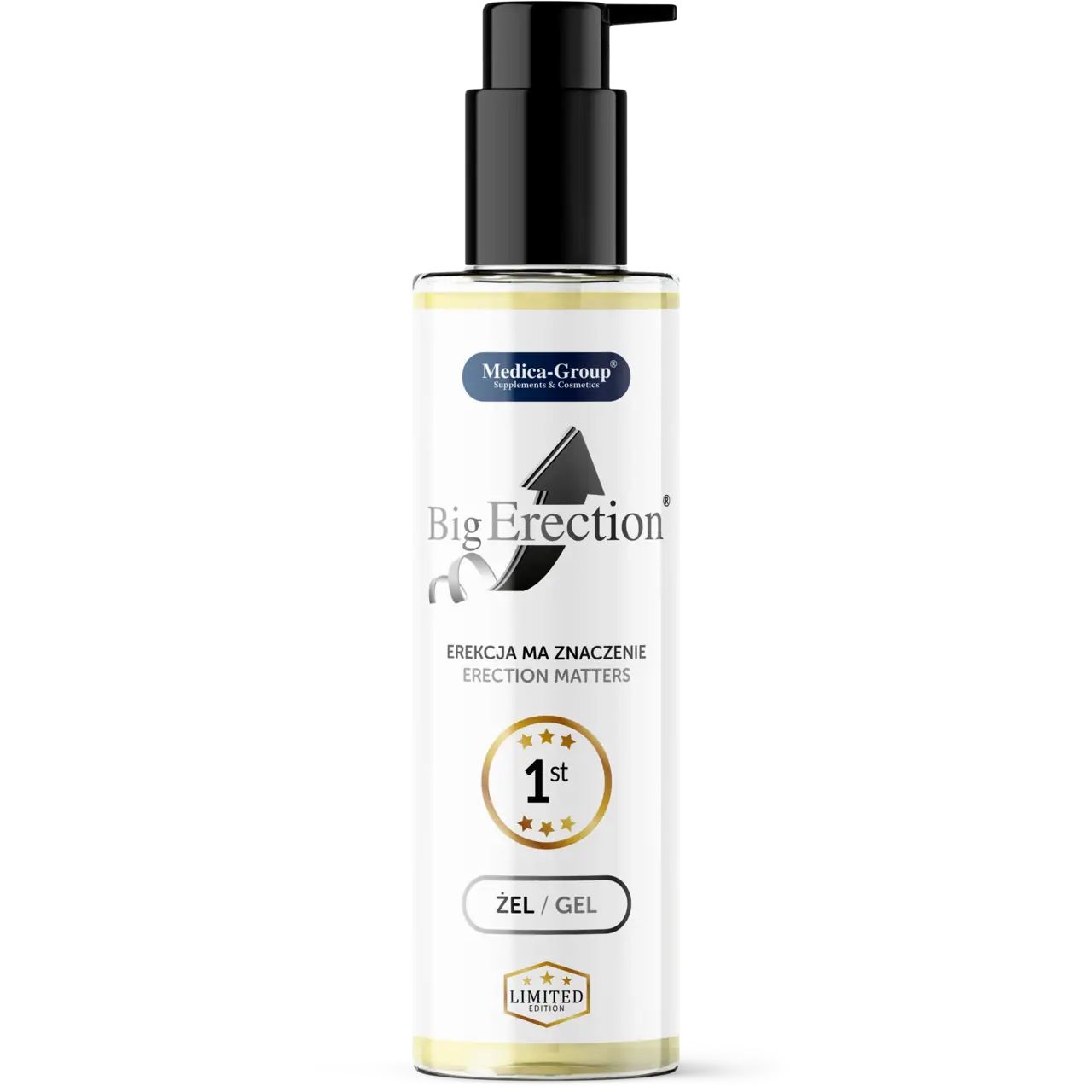 Flacone di gel con dosatore nero. Scritta "Big Erection", "Zel/Gel" e "Limited".