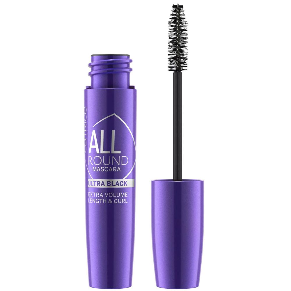 Mascara viola con spazzola nera. Scritta: ALL ROUND MASCARA ULTRA BLACK. Volume extra, lunghezza e curvatura.