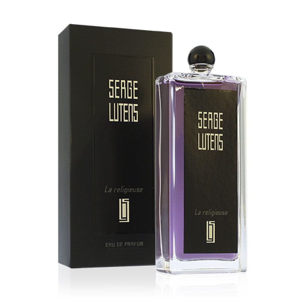Serge Lutens La Religieuse EdP Nat. Spray. Scatola e flacone neri. Flacone con tappo nero e liquido viola.