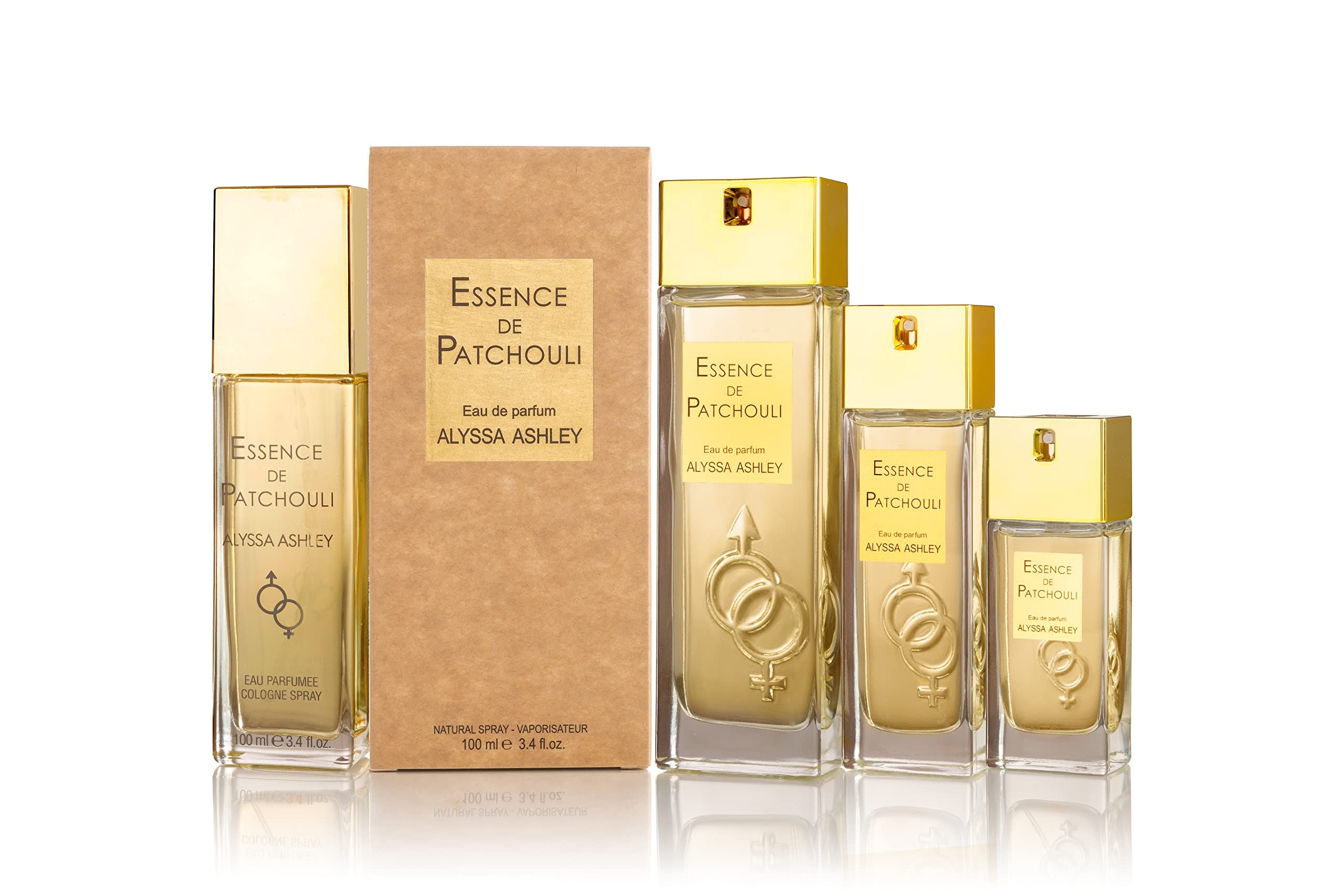 Flaconi Alyssa Ashley Patchouli Eau de Parfum di varie dimensioni e scatola.
