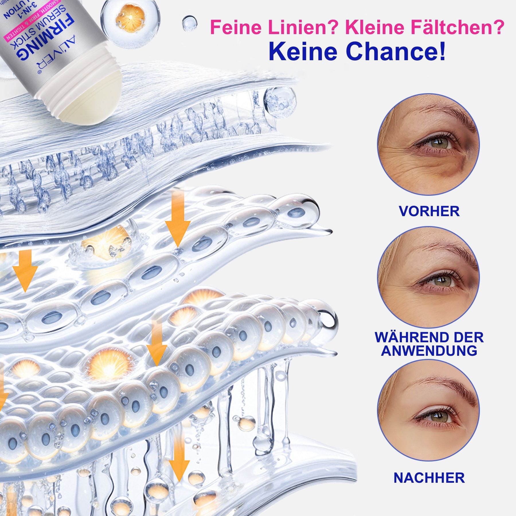 ALIVER Firming Serum Stick. Illustrazione dell'effetto sugli strati della pelle. Foto prima-dopo.