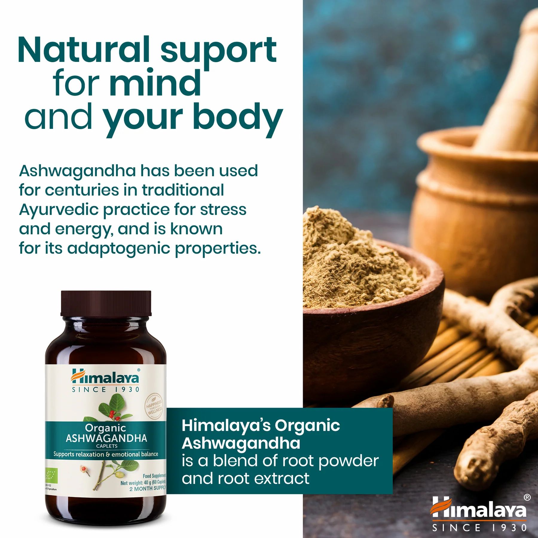 Flacone marrone con capsule, polvere, radici. Testo: Himalaya Organic Ashwagandha.