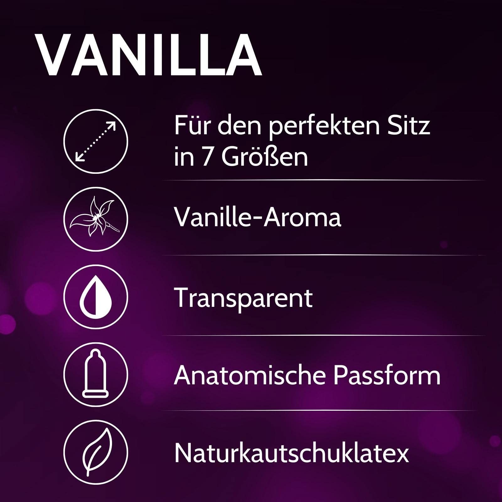 Confezione 'VANILLA', 7 misure, aroma vaniglia, trasparente, forma anatomica, lattice di gomma naturale.