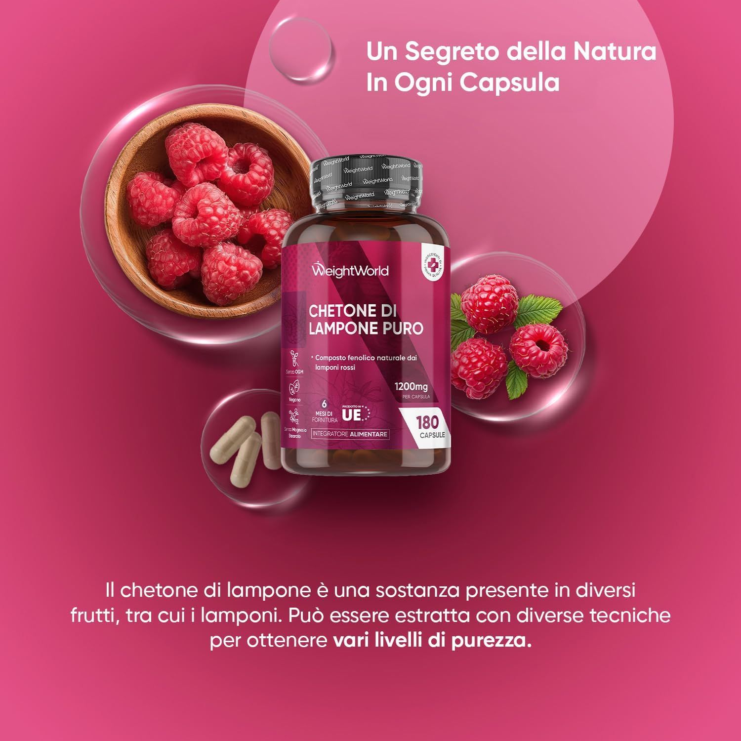 Flacone del prodotto e lamponi. Testo: Chetone di Lampone Puro, 1200mg, 180 capsule.