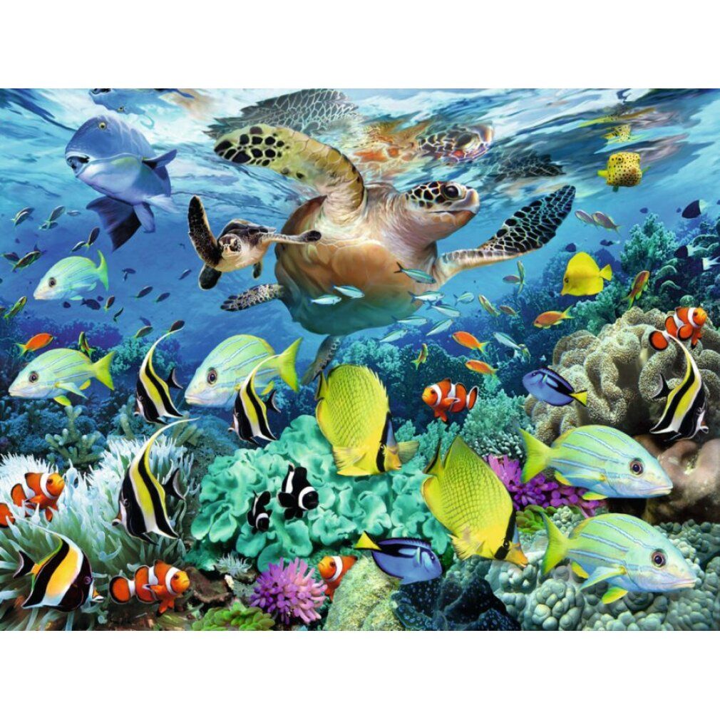 Puzzle Unterwasserparadies. Tartaruga marina e pesci colorati in una barriera corallina. Varie specie di pesci, tra cui pesci pagliaccio.