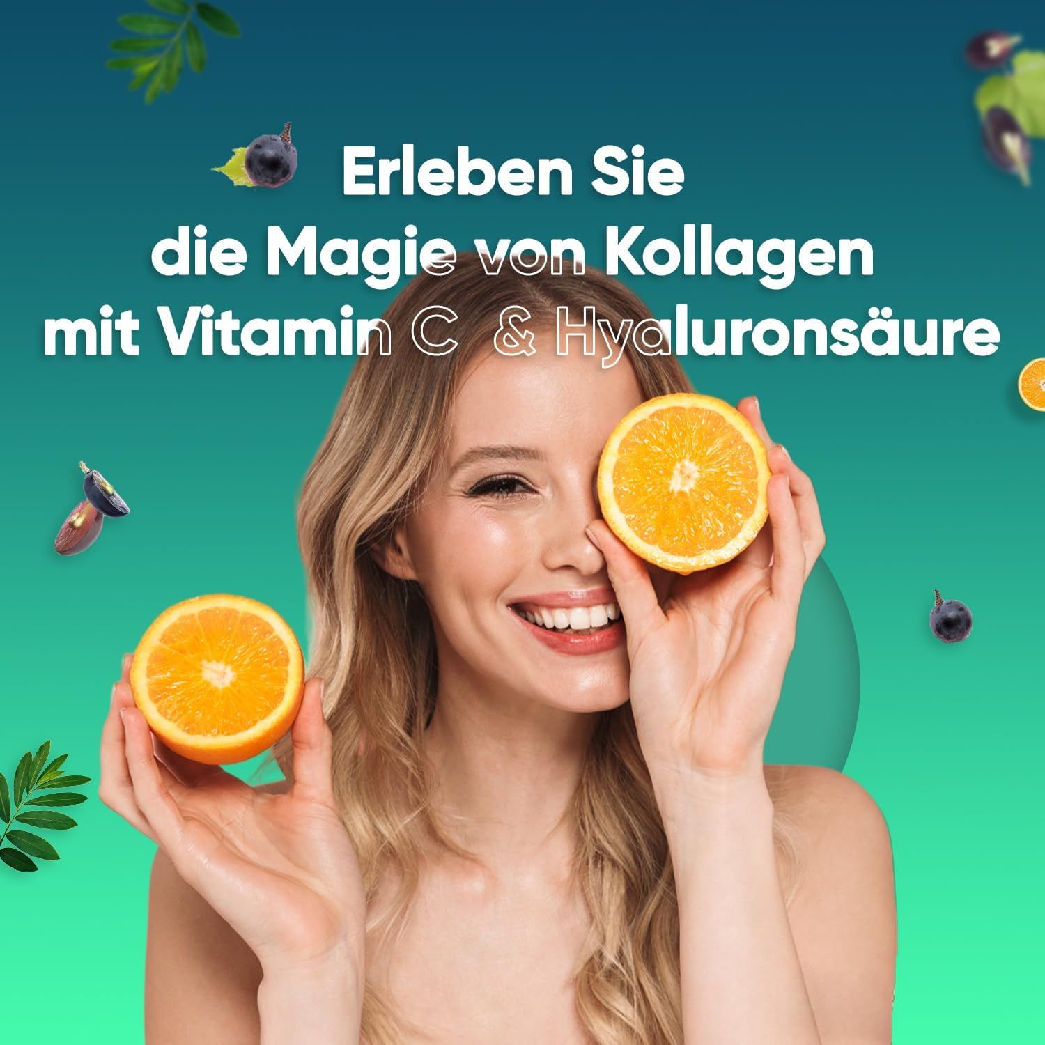 Donna con arance. Testo: Scopri la magia del collagene con vitamina C e acido ialuronico.