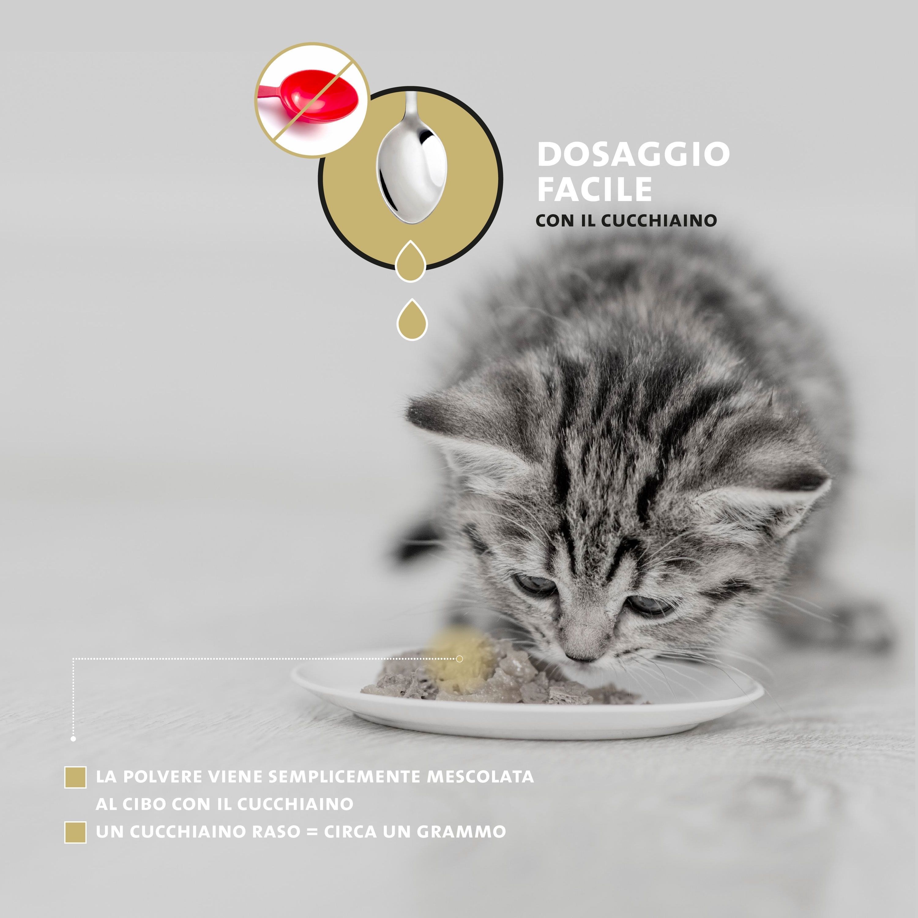 Gatto mangia cibo. Testo: Dosaggio con il cucchiaino. Logo: Cucchiaio.