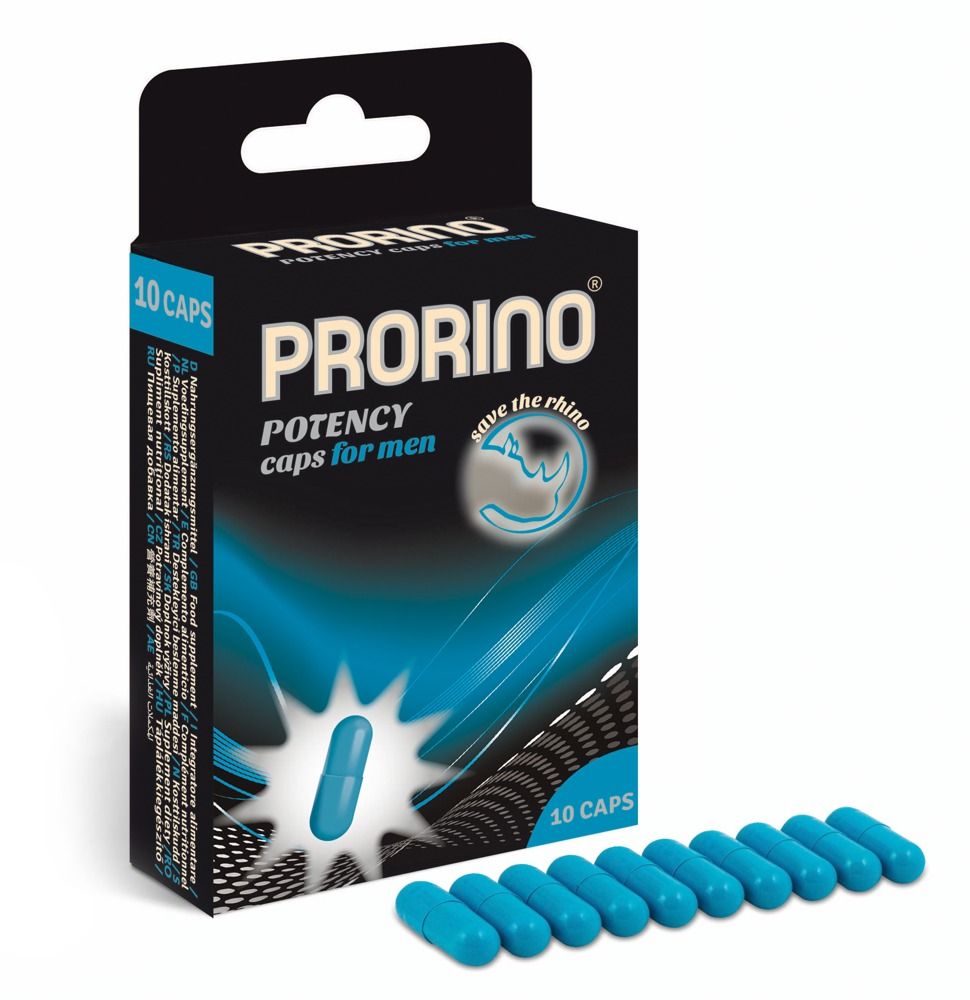 Confezione e 10 capsule blu di PRORINO POTENCY CAPS FOR MEN.