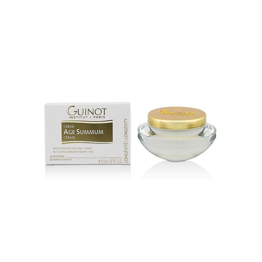 Vasetto di crema accanto a scatola bianca. Scritta 'GUINOT', 'AGE SUMMUM'. Crema per il viso. 50 ml.