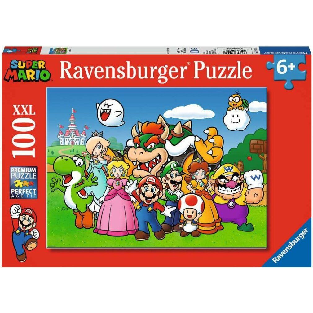 Puzzle Super Mario, 100 pezzi XXL. Confezione rossa con logo e indicazione età 6+.