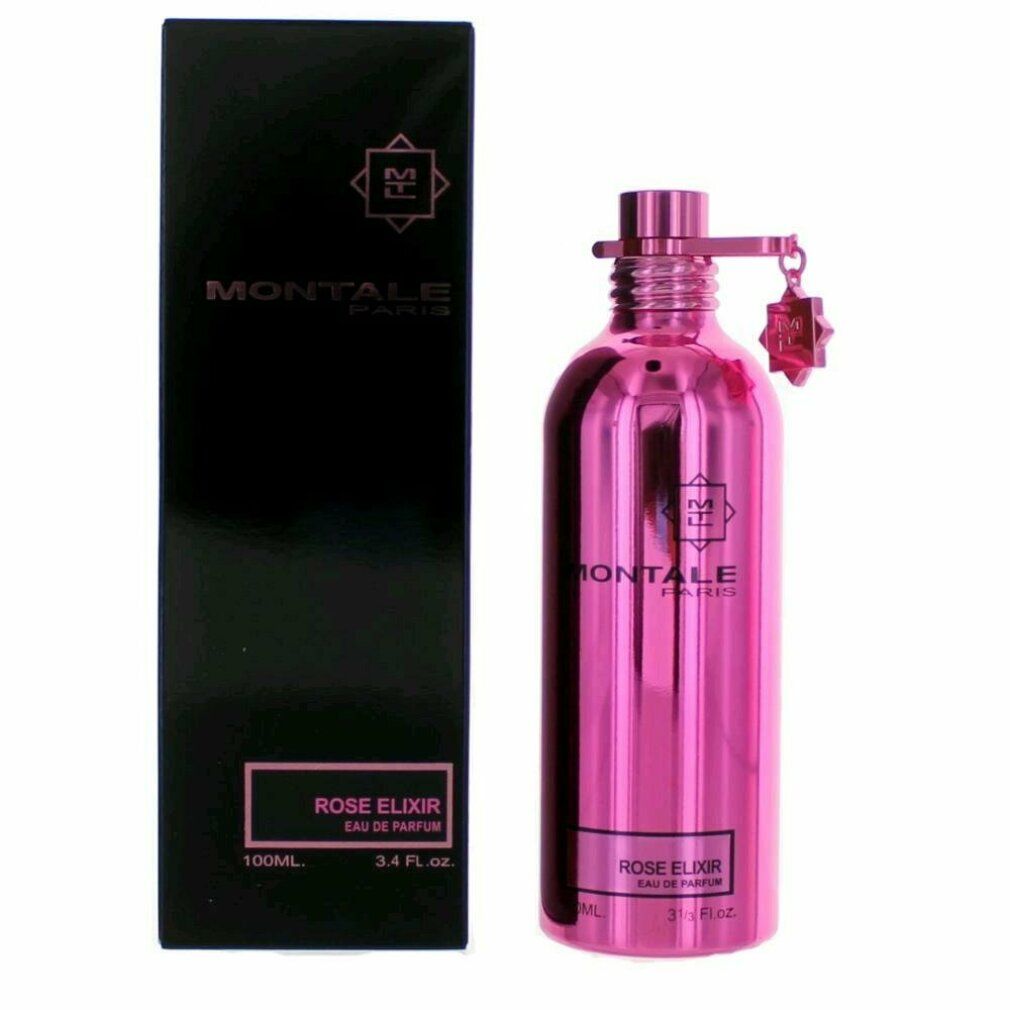 Flacone rosa con vaporizzatore e confezione nera. Scritta: Montale Paris, Rose Elixir Eau de Parfum.