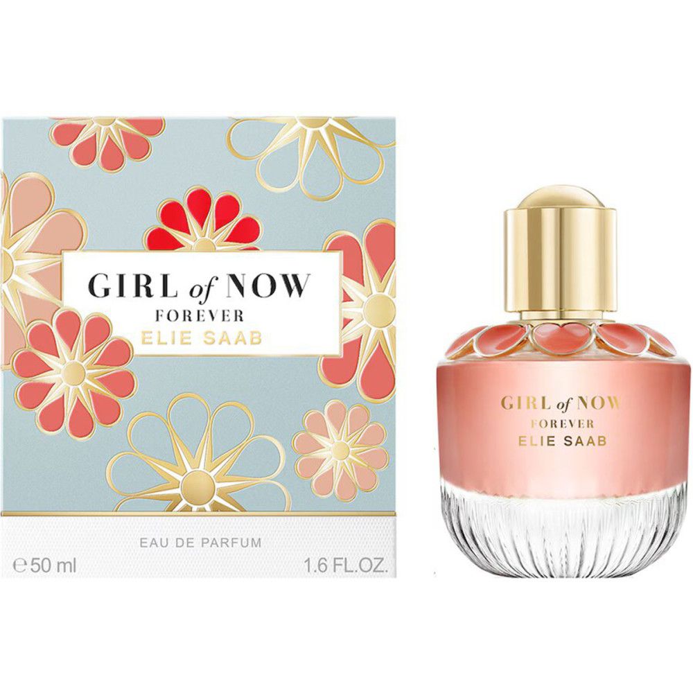 Flacone e scatola Girl of Now Forever. Scatola azzurra con motivi floreali. Flacone con tappo dorato e liquido rosa.