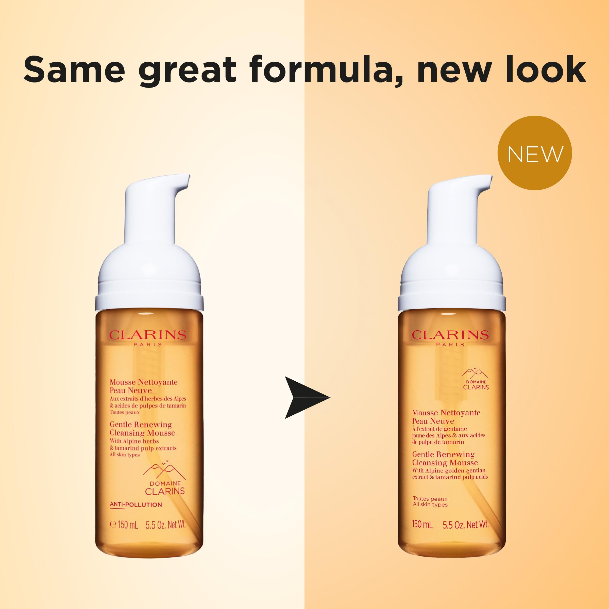 Due flaconi Clarins Mousse Detergente Delicata affiancati. Testo: Mousse Nettoyante Peau Neuve, Gentle Renewing Cleansing Mousse. Nuovo design.