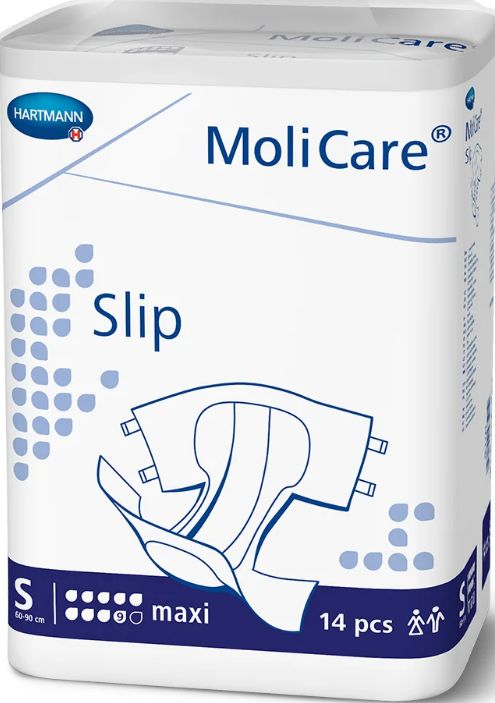 Confezione MoliCare Slip Maxi. Immagine del prodotto. Marchio e nome del prodotto visibili. Taglia S, 14 pezzi.