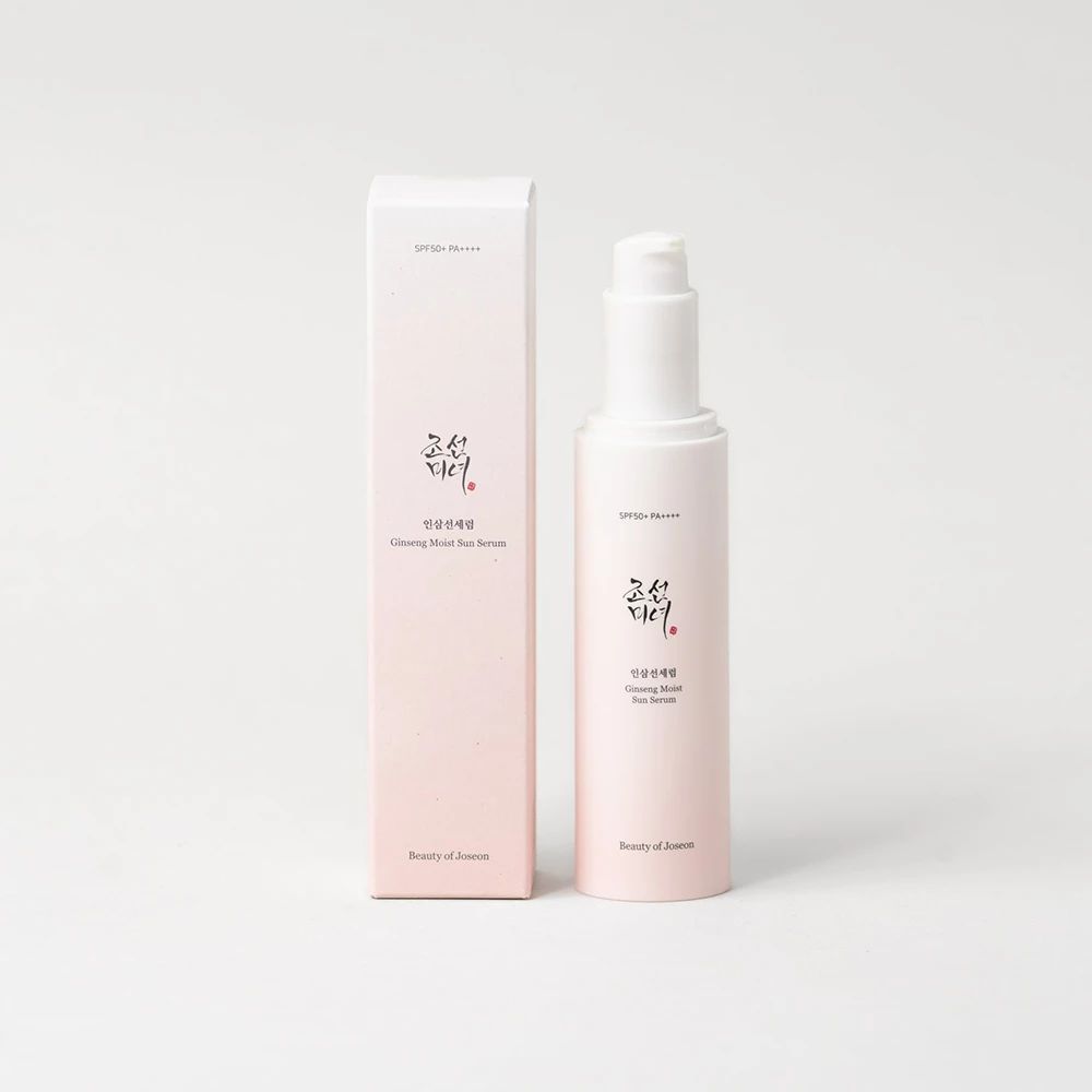 Prodotto e confezione. Scritta: Ginseng Moist Sun Serum, SPF 50 PA++++. Marchio: Beauty of Joseon.