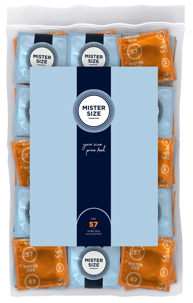 Confezione da 100 preservativi Mister Size 57, confezionati singolarmente in arancione e azzurro.