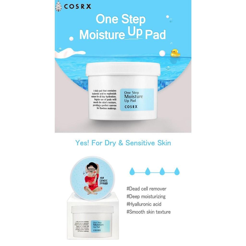 Confezione del prodotto con testo "One Step Moisture Up Pad" e "COSRX". Illustrazioni e testo aggiuntivi.