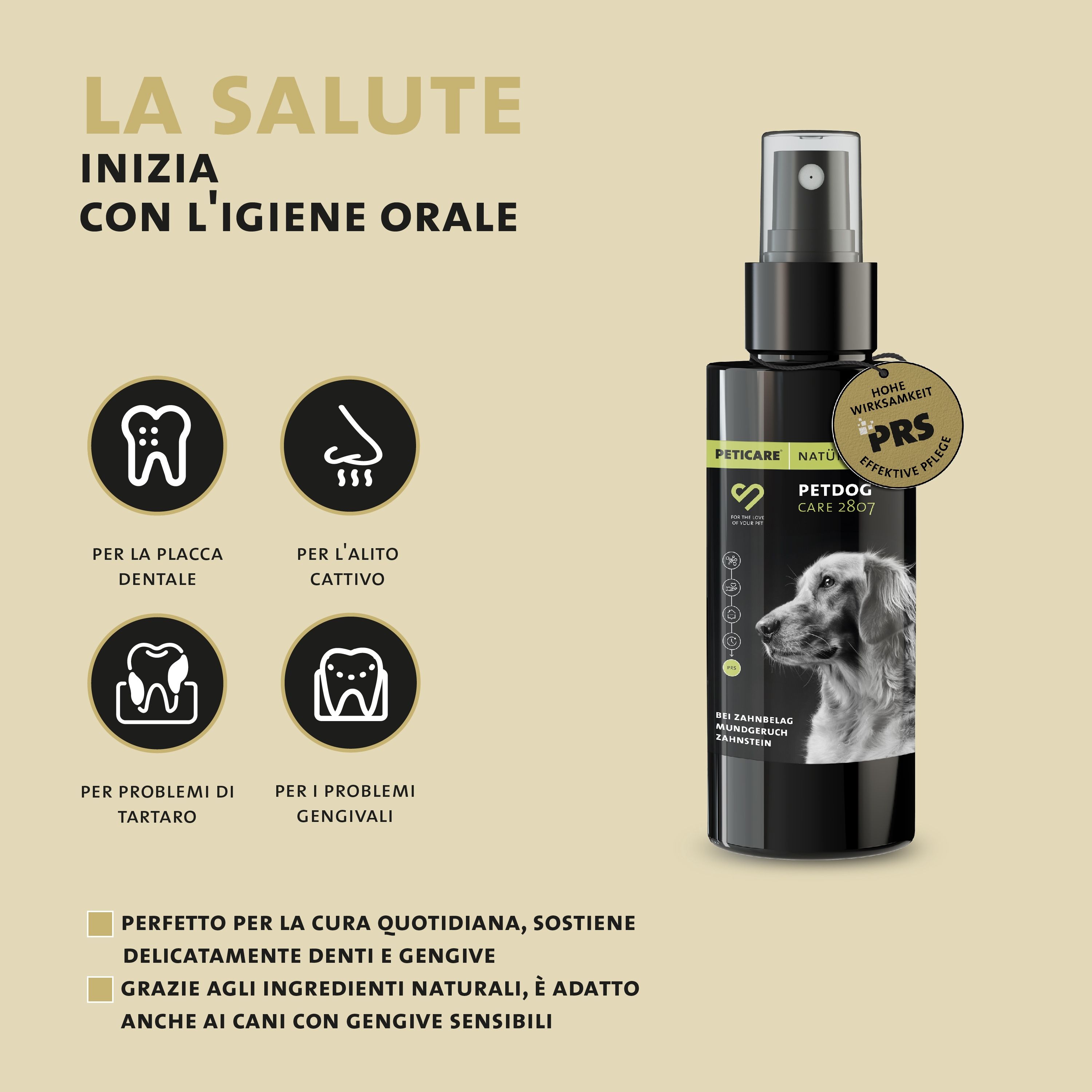 Flacone nero con spruzzatore. Testo: La salute inizia con l'igiene orale. Per placca, alito cattivo, tartaro, infiammazioni.