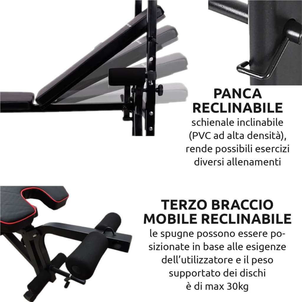 Vista dettagliata della panca fitness. Schienale regolabile e braccio mobile. Testo: 'PANCA RECLINABILE' e 'TERZO BRACCIO MOBILE RECLINABILE'.
