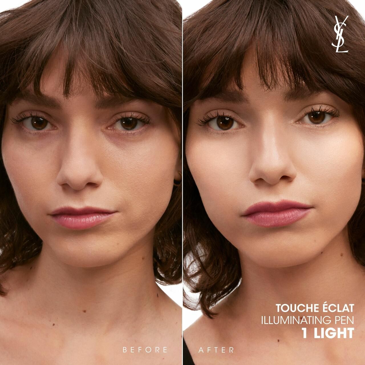 Confronto prima-dopo. Donna con e senza prodotto. YSL Touche Éclat.