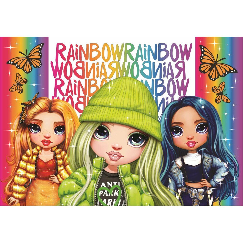 Motivo puzzle con illustrazioni di tre ragazze. Scritta: Rainbow High. Farfalle e scritta arcobaleno. Età consigliata: 6+.