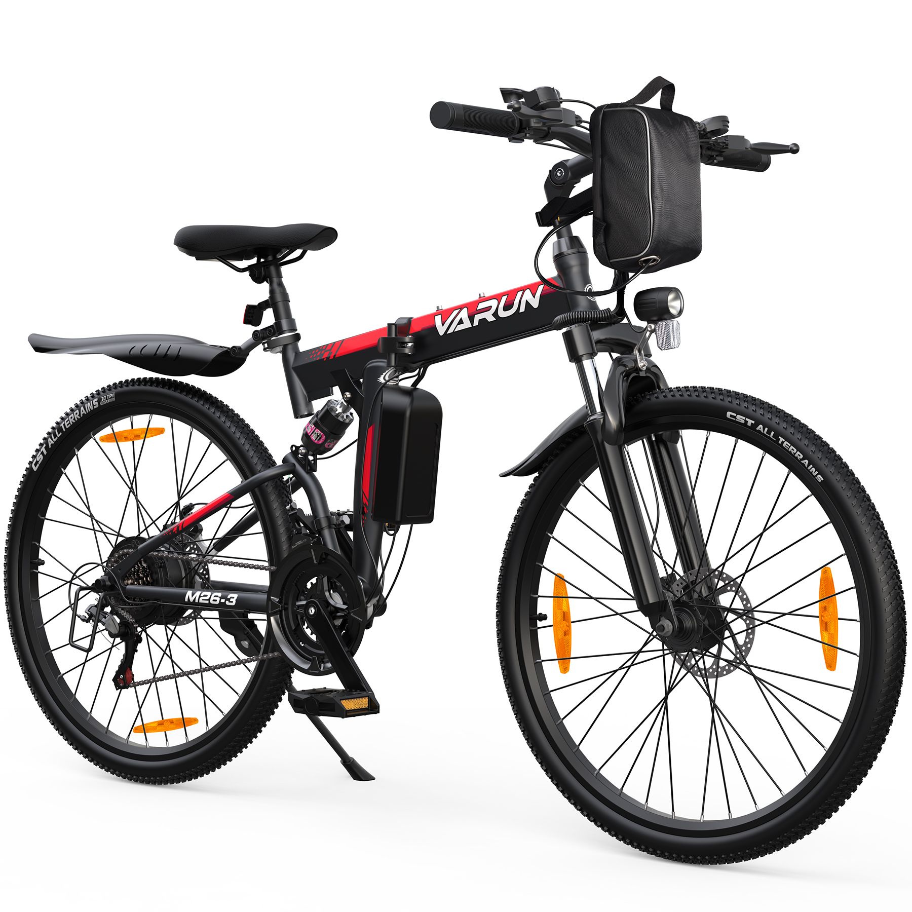 E-bike VARUN M26-3 nera con dettagli rossi. Dotata di portapacchi, fanale anteriore e parafanghi. Cambio a 21 velocità.