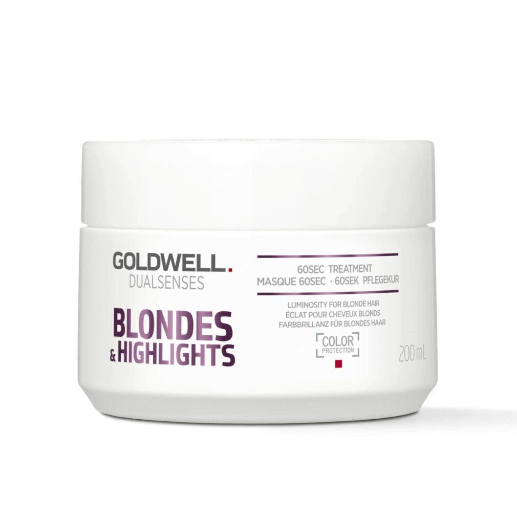Goldwell Dualsenses Blondes & Highlights 60 secondi Treatment. Vasetto bianco, testo viola. 200ml. Protezione colore e lucentezza.