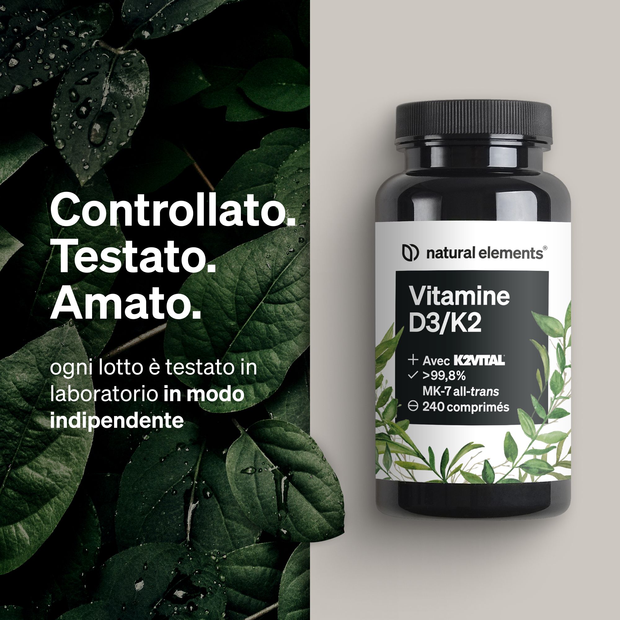 Flacone con compresse Vitamina D3/K2, etichetta con motivo vegetale, >99,7% all-trans MK-7, 240 compresse.