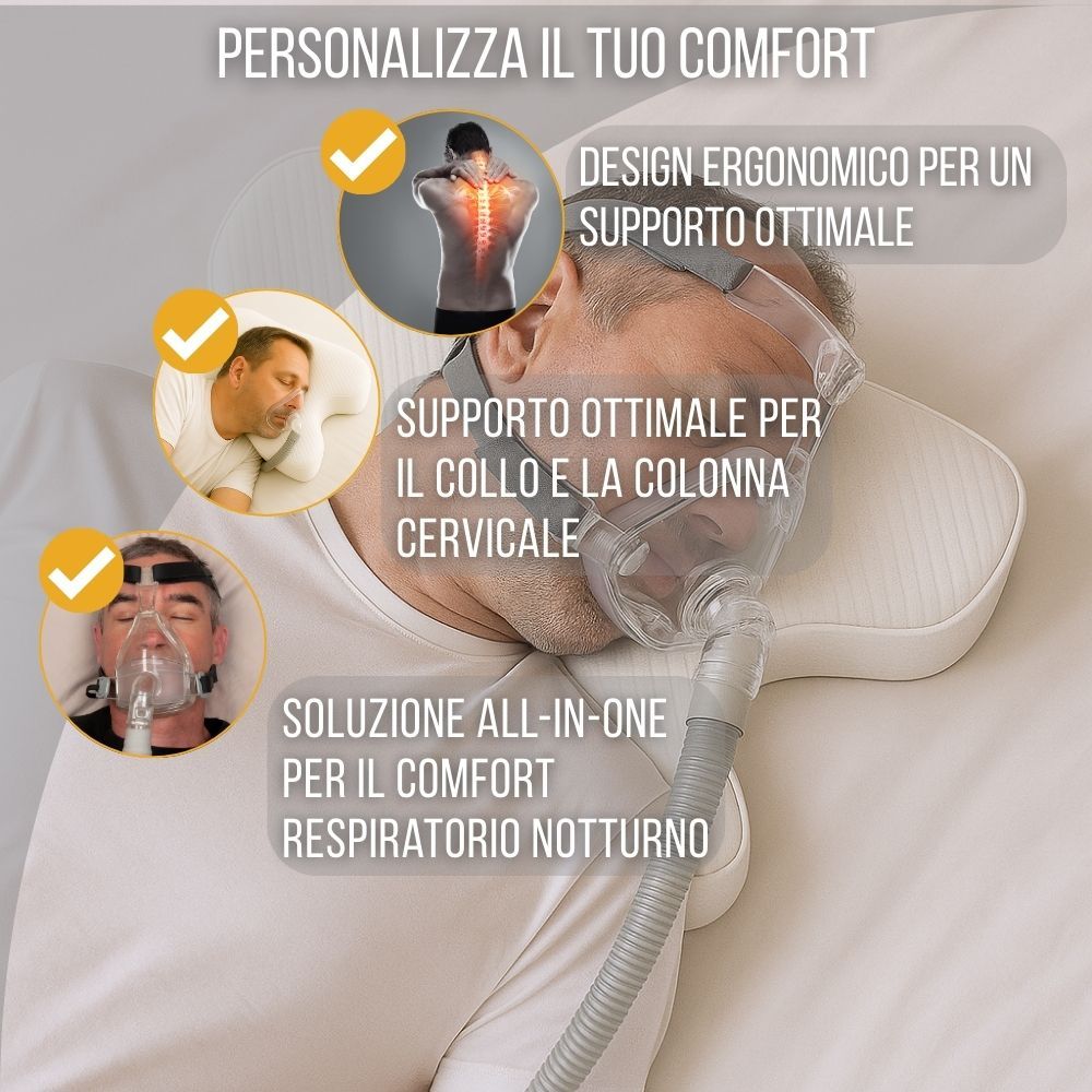 Uomo con maschera CPAP su cuscino. Design ergonomico, supporto per collo e cervicale.