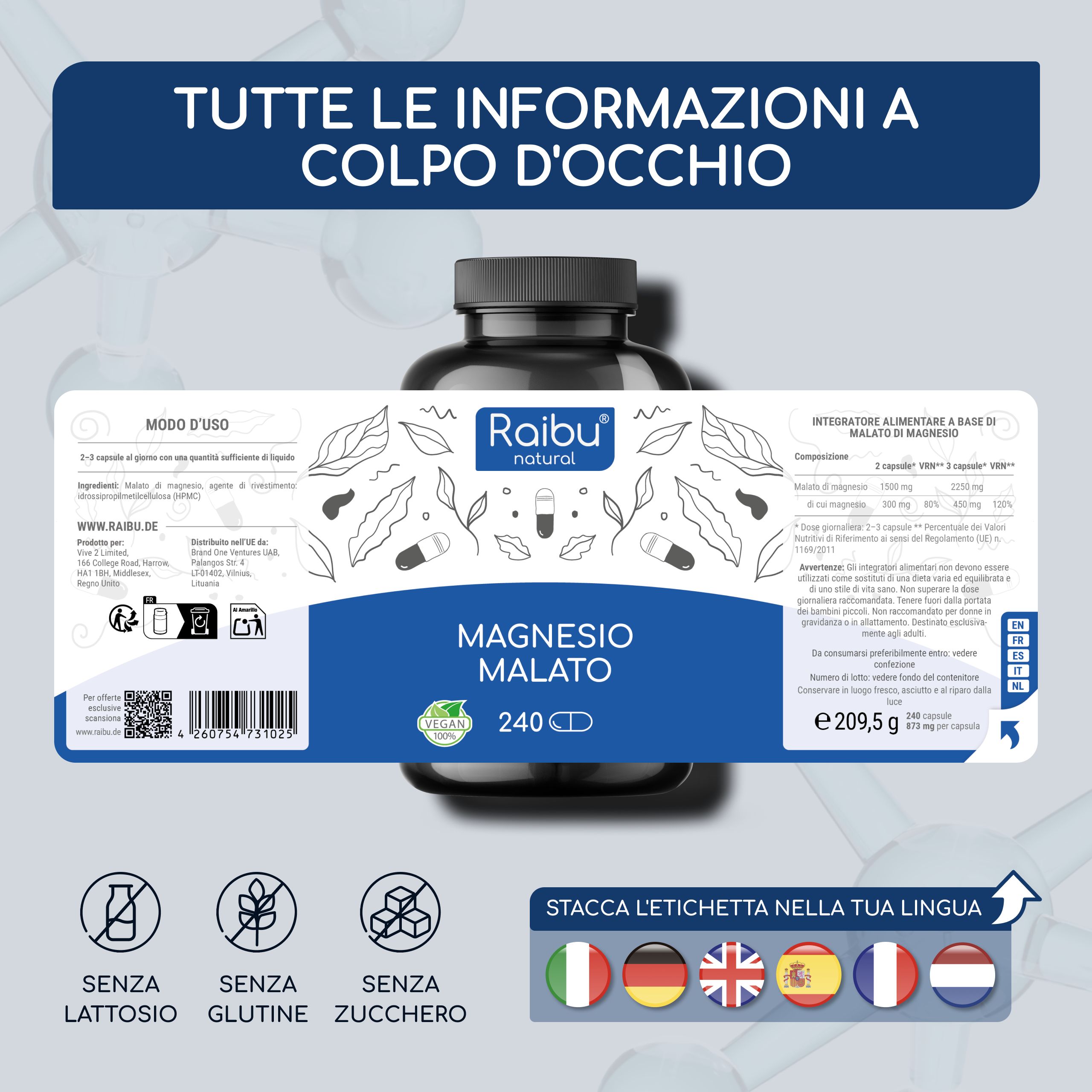 Magnesio Malato - Normale Metabolismo Energetico, Stanchezza e Funzione Muscolare - RAIBU