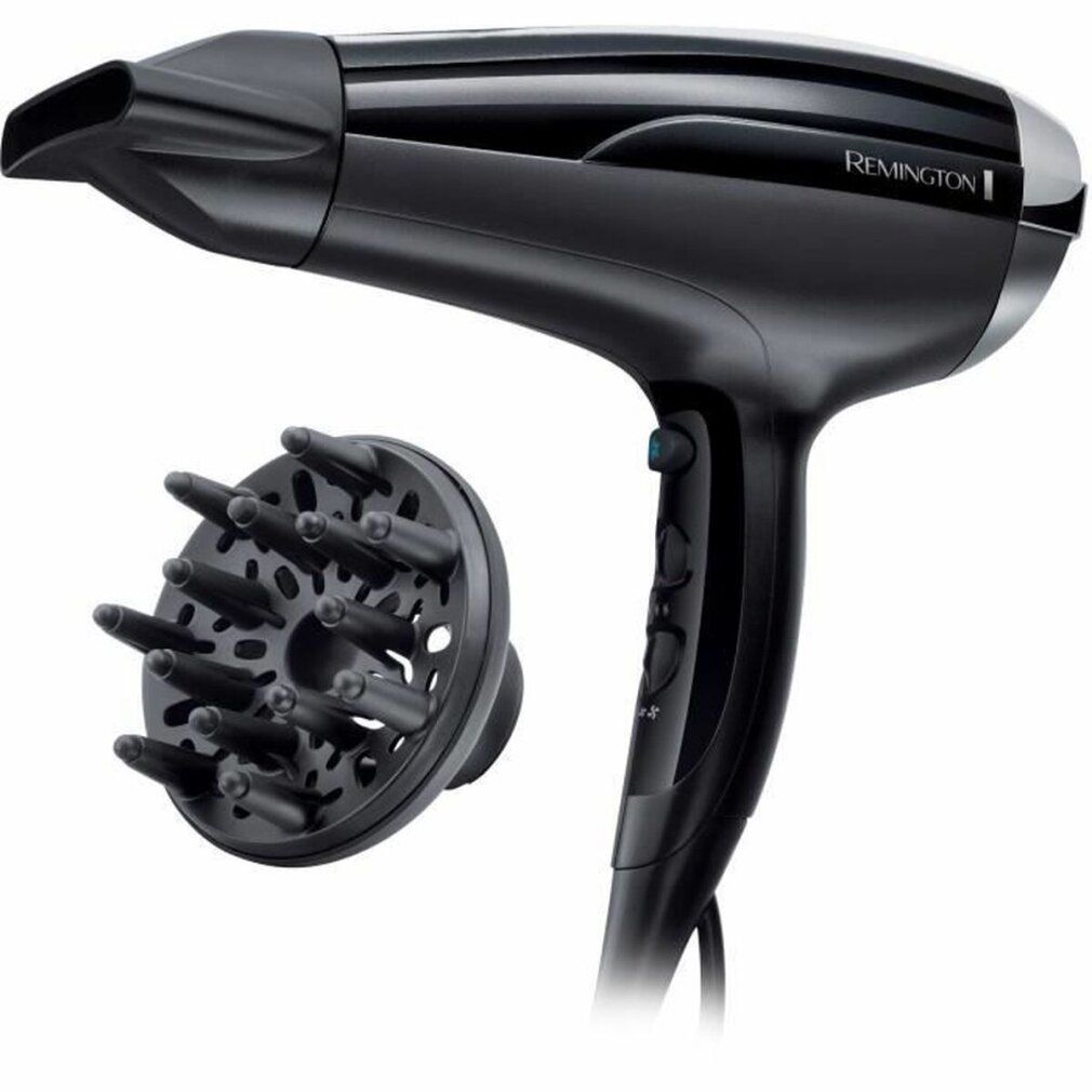 Asciugacapelli nero con diffusore. Marchio Remington. Vista laterale. Diffusore con punte.
