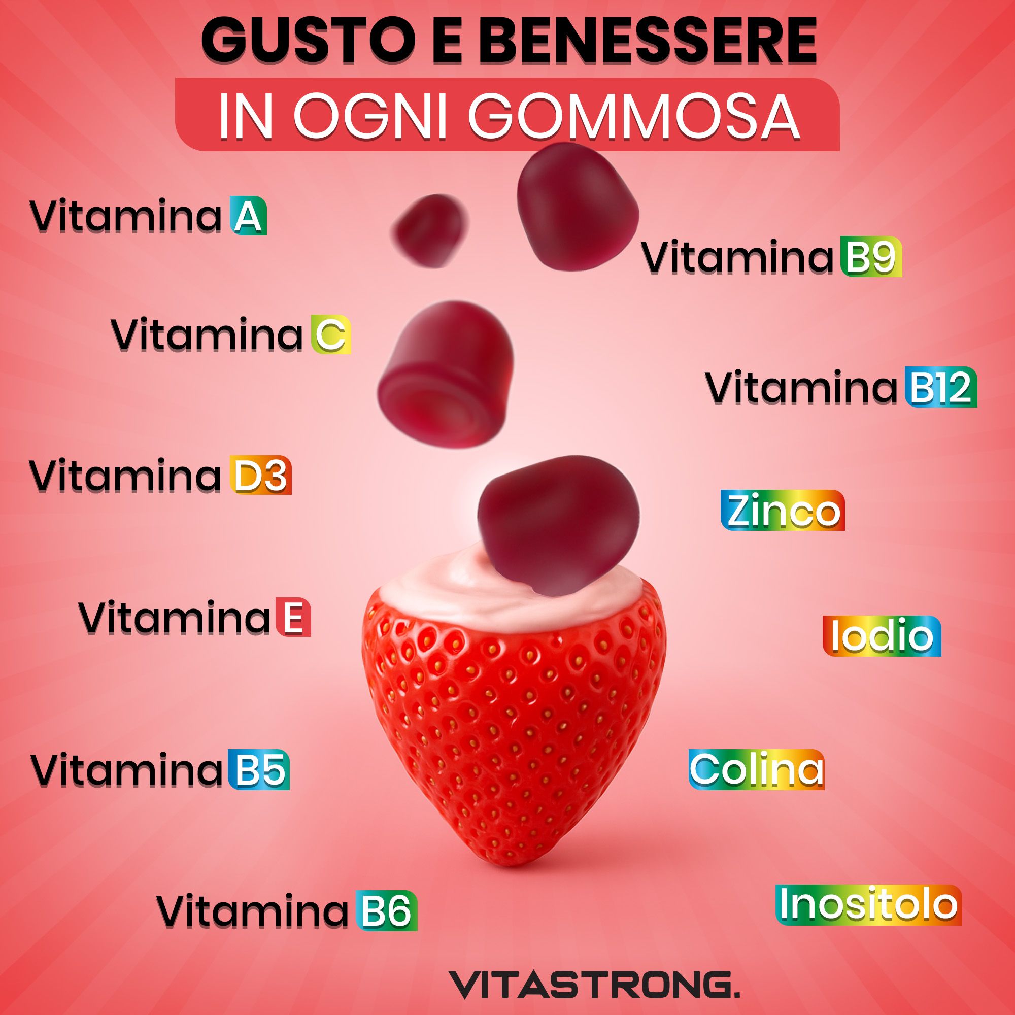 Infografica con fragola, gommose e vitamine. Vitamine A, C, D3, E, B5, B6, B9, B12, Zinco, Iodio, Colina, Inositolo.