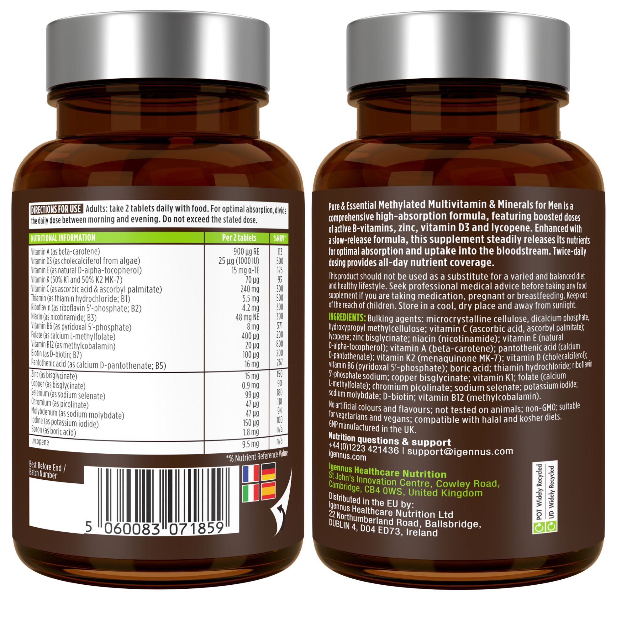 Igennus Multivitaminici per Uomo: fronte e retro del flacone con informazioni nutrizionali e ingredienti.