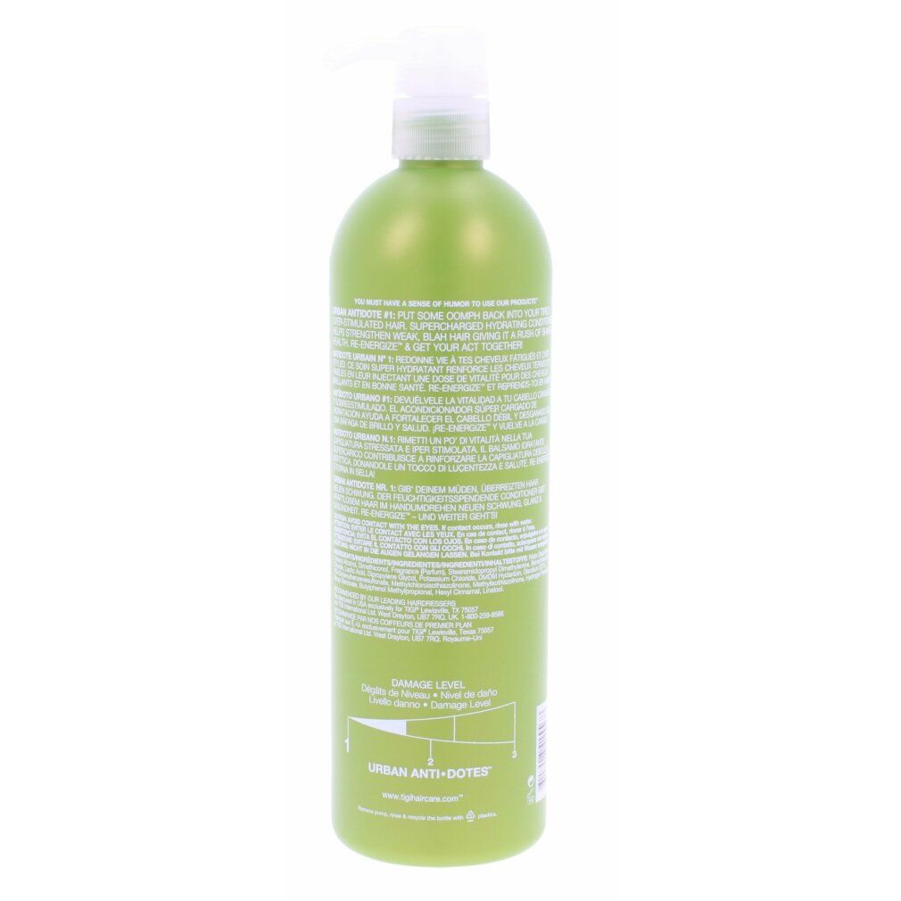 Flacone verde con dosatore bianco. Retro con testo. Scritta Bed Head TIGI.