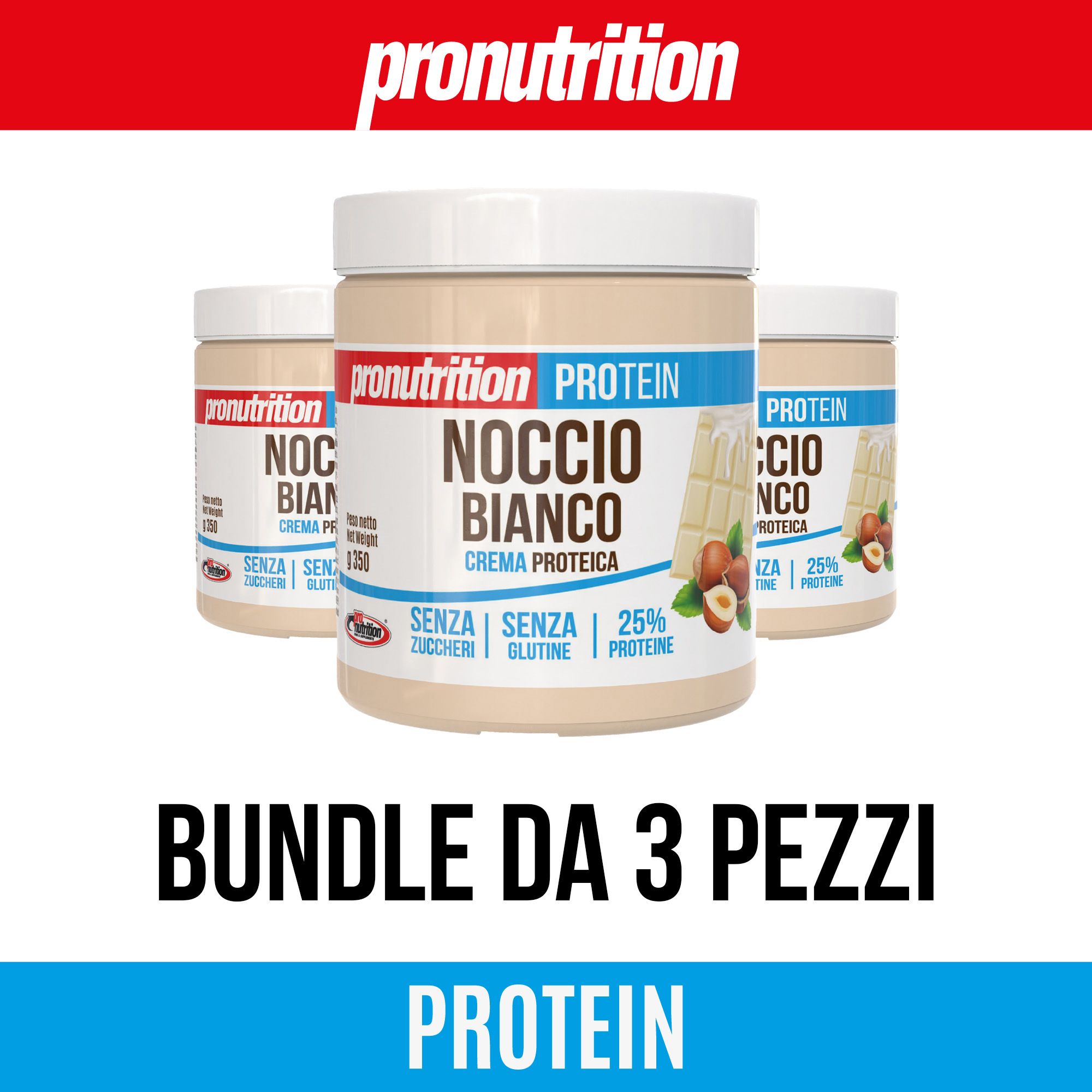 Tre barattoli di crema proteica Pronutrition, Noccio Bianco, 25% proteine. Scritta: Bundle da 3 pezzi.