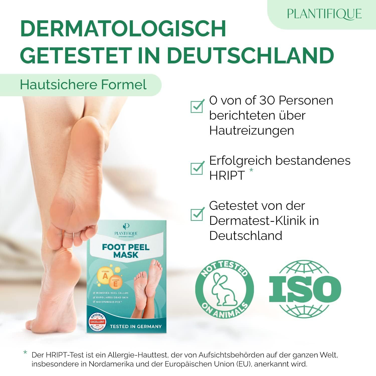 Confezione del prodotto e piedi. Testo: Testato dermatologicamente in Germania. Certificazioni: Non testato sugli animali, ISO. Confezione maschera per i piedi.