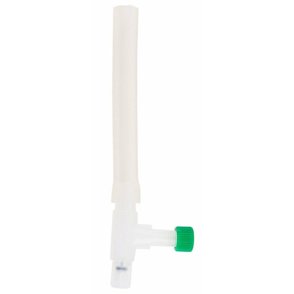 Valvola Fröhle SP001, plastica bianca con cappuccio verde, su sfondo bianco.